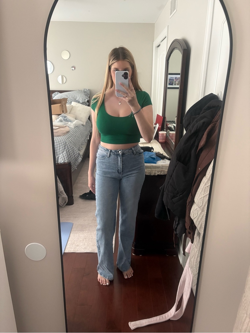 Fashion Nova Green Crop Top with Light Blue Flare Jeans